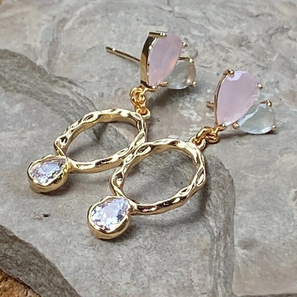 Plated Hammered Gold with Cubic Zircon Stone Stud Earrings - Picture 1 of 10